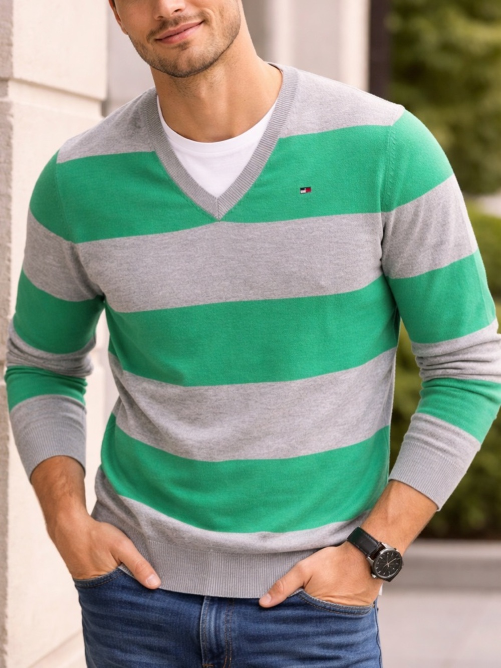 Tommy Hilfiger Striped V-Neck Cotton Sweater – Green & Gray – Men’s Size S/P